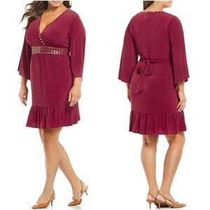 New! MICHAEL KORS Women's Studded Ruffle-Hem Jersey Dress Plus Size Maroon
